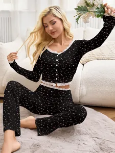 Floral pajama set with lace trim and long pants, cozy loungewear for women