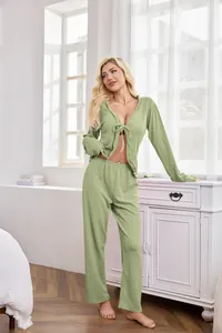 Detail view of the sexy two-piece loungewear set with a tie-front cardigan and pants