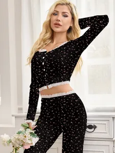 Slim fit floral print pajama set with delicate lace trim and button-down cardigan top