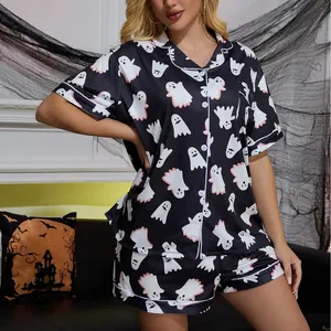 Women's Halloween pajama set with cute ghost print, short sleeve button-down and shorts