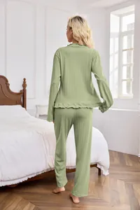 Back view of a sage green textured long-sleeve pajama set for women's home wear.