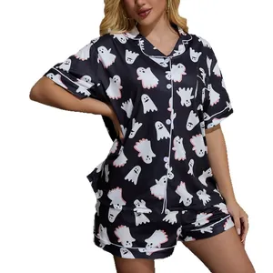 Women's Halloween pajama set featuring ghost print short sleeve shirt and shorts