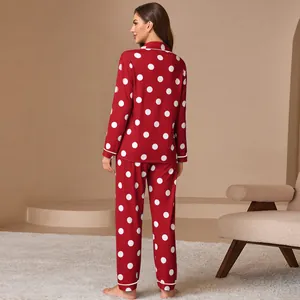 Women's red white polka dot pajama set long sleeve lapel loungewear two-piece suit