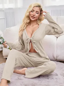 Sexy beige cable knit tie-front loungewear set for women, long sleeves and pants.