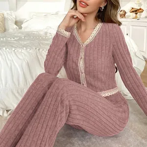 Elegante conjunto de pijama de 2 piezas con ribete de encaje, cárdigan y pantalón
