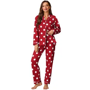 Women's red polka dot pajama set featuring a lapel collar and long sleeves for autumn