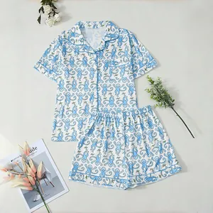 Süßes Damen Schlafanzug Set mit Affen-Print, Kurzarm-Oberteil und Shorts