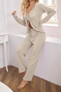 Sexy women's beige lounge set featuring a tie-front long sleeve cardigan and pants