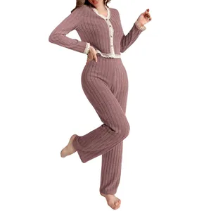 Conjunto de pijama de dos piezas para mujer rosa con encaje y pantalones largos