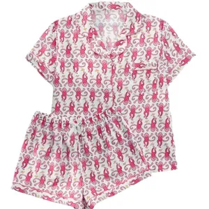 Damen Schlafanzug-Set mit Cartoon-Affen-Print, Kurzarm-Oberteil und elastischen Shorts