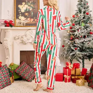 Ensemble de pyjama de Noël pour femme avec rayures rouges et vertes et motifs de fête