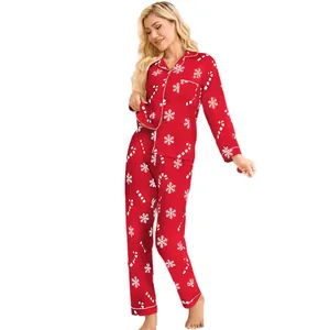 Festive red Christmas pajama set with snowflake and candy cane patterns for women