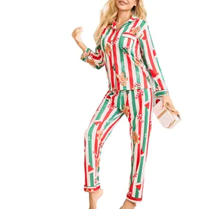 Ensemble de pyjama de Noël festif pour femmes avec rayures rouges et vertes et motif pain d'épice