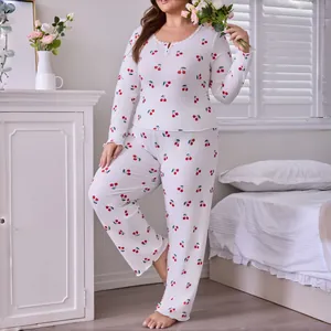 Ensemble pyjama femme à manches longues, imprimé cerise et texture côtelée douce