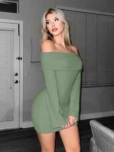 Close-up view showing the ribbed knit texture of a sage green off-the-shoulder mini dress.