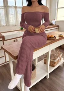 Elegant mauve off-the-shoulder ribbed loungewear set for women in a cozy home setting