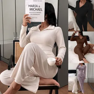 Close-up detail of women's ribbed knit polo collar long sleeve pajama set in multiple colors