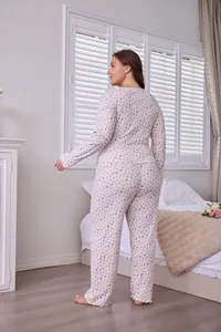 Plus size floral print pajama set with long sleeves and pants, back view details