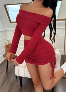 Women's sexy deep red off-shoulder ribbed knit crop top and drawstring mini skirt set