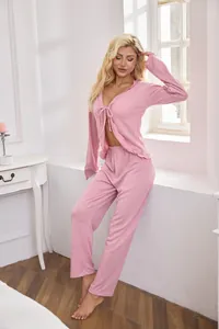 Detailed view of pink tie-front cardigan and matching pants pajama set