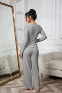 Detailed rear view of grey ribbed long sleeve pajama set with wide leg pants for women