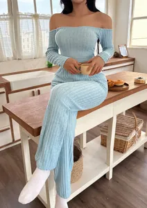 Light blue off-the-shoulder ribbed lounge set with long sleeves and pants