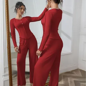 Women's Casual Ribbed Pajama Set Long Sleeve Button Top And Bottom Loungewear Set Solid Color Lettuce Edge Homewear