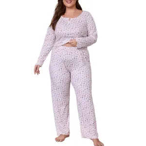 Women's plus size floral print pajama set with long sleeves and comfortable long pants