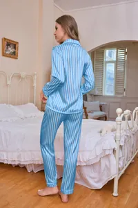 Detailed back view of women's blue and white striped satin pajama set with long sleeves