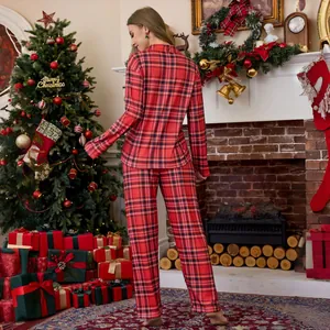 Classic women's Christmas red plaid long-sleeved pajama set with button-down collar