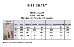Detailed size chart for women's long-sleeve pajama set with full body measurements.