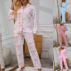 Women's Western Style Pajamas Set Bowknot Heart Printed Top And Bottom Lapel Long Sleeve Sleepwear Home Wear Nightwear