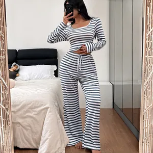 Women's chic striped pajama set with long sleeve top and wide leg lounge pants