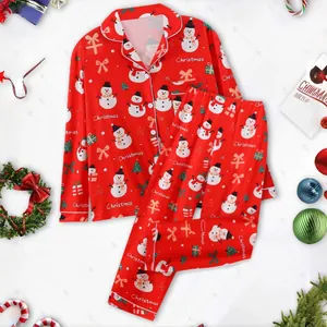 Ensemble de Pyjama de Noël pour Femmes Imprimé Bonhomme de Neige Col Revers Manches Longues Boutonné Haut et Bas
