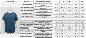 Detailed size chart for cooling casual loungewear set showing measurements