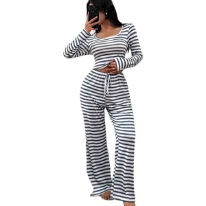 Women's striped pajama set with square neck long-sleeve top and wide-leg lounge trousers