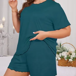 Teal cooling loungewear set featuring round neck short sleeves and lettuce trim shorts
