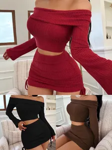Fashionable knitted off-the-shoulder long-sleeve crop top and skirt set in various colors