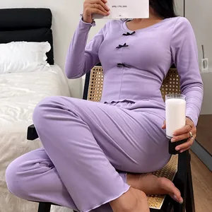 Lavender long-sleeve thermal loungewear set featuring delicate bow details and slim fit