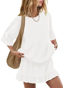 Close-up of casual white short sleeve t-shirt and ruffled mini skirt two-piece set for women