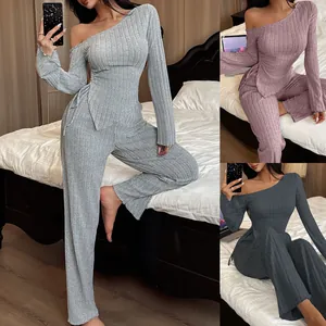 Damen Sexy Schulterfrei Langarm Oberteil Und Hose Schlafanzug Set Rippenstrick Unregelmäßiger Saum Zweiteiliger Homewear Set Für Herbst Winter