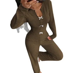 Women's two-piece ribbed knit pajama set with V-neck bow top and long pants in olive green