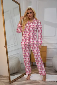 Detail of women's long-sleeve pajama set with cute pink monkey and banana print