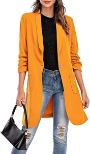 Gelber Damen-Longblazer mit 3/4-Ärmeln, Einknopf-Verschluss und Taschen-Detail