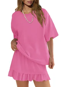 Vibrant pink two-piece short sleeve t-shirt and ruffled mini skirt set for women