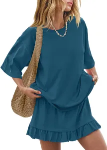 Detailed view of the casual blue short sleeve top and ruffled skirt set for women