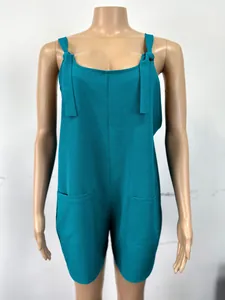 Casual teal blue sleeveless romper jumpsuit for women with adjustable tie-straps and pockets
