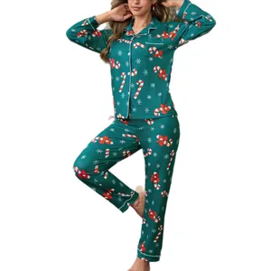 Set pigiama natalizio festivo da donna verde smeraldo con bastoncini di zucchero