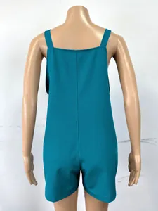 Detailed back view of a sleeveless teal jumpsuit featuring wide straps and relaxed fit.