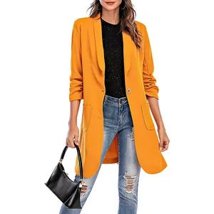 Eleganter senfgelber mittellanger Blazer mit 3/4-Ärmeln und schickem Einknopfverschluss
